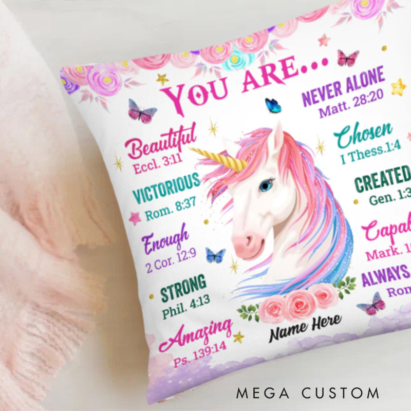Personalized Unicorn You are Bible Verse Throw Pillow Cover with Name Home Decor Affirmation Gift Christian Gift