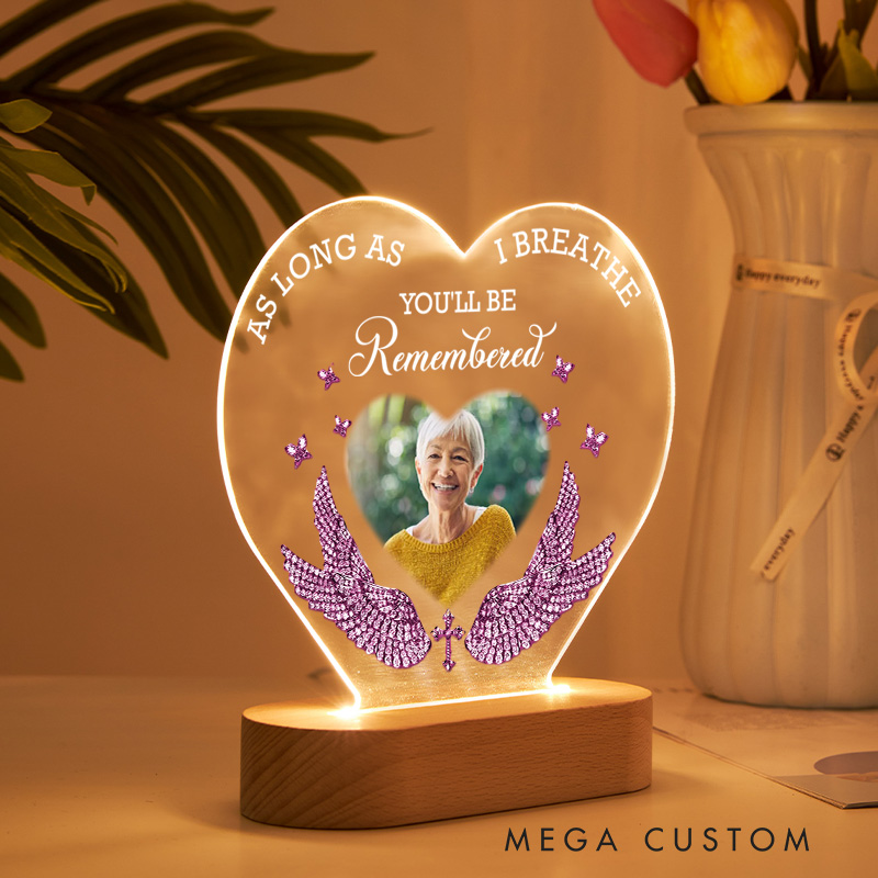 Personalized Heart Shaped LED Memorial Light Pink Wings Cross Butterflies Custom Photo Remembered Keepsake