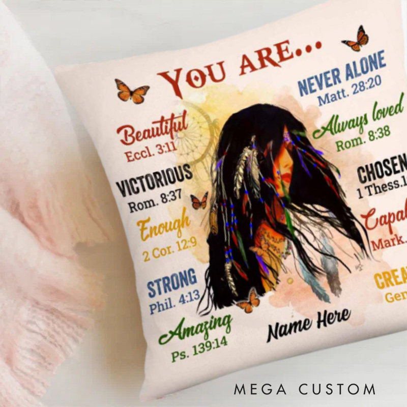 Personalized Native American Girl You are Bible Verse Throw Pillow Cover with Name Home Decor Affirmation Gift Christian Gift for Her