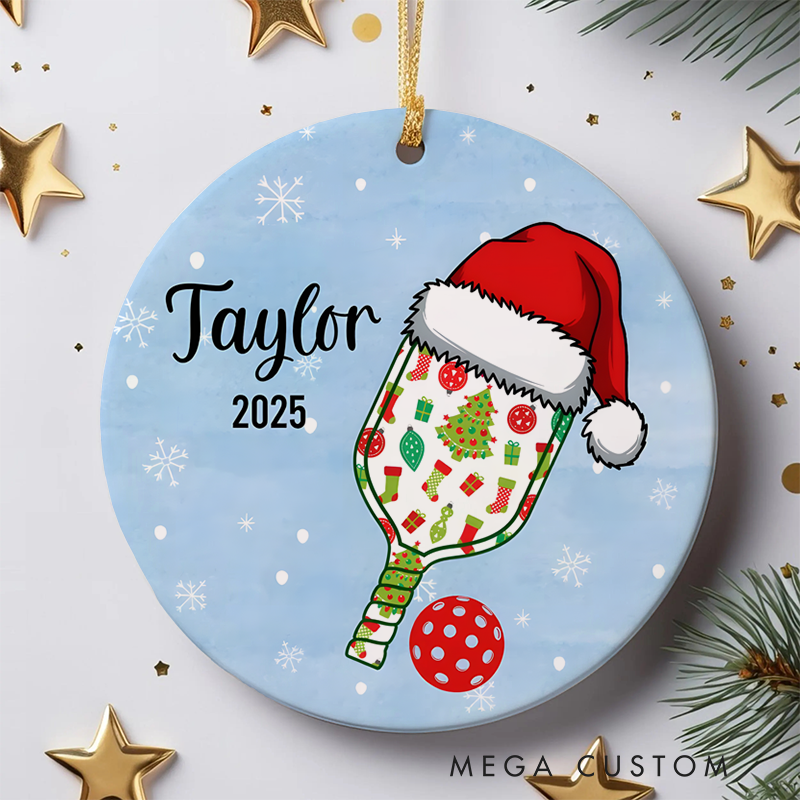Personalized Pickleball Paddle Ornament with Santa Hat, Custom Name, and Year