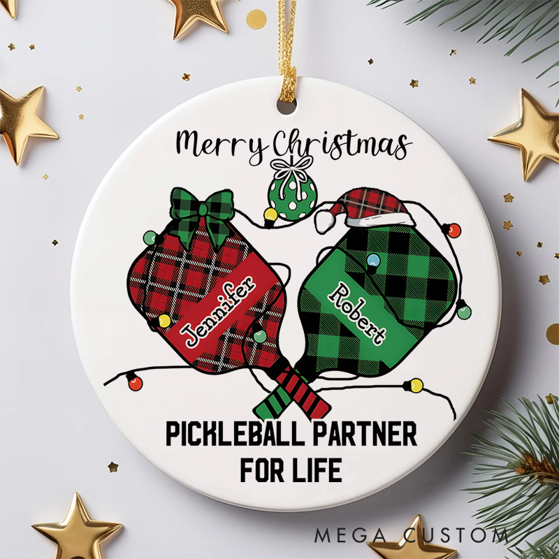 Personalized Pickleball Partner for Life Ornament with Custom Names and Festive Design
