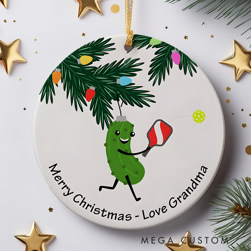 Personalized Pickleball Christmas Ornament with Cute Pickle Design and Custom Message