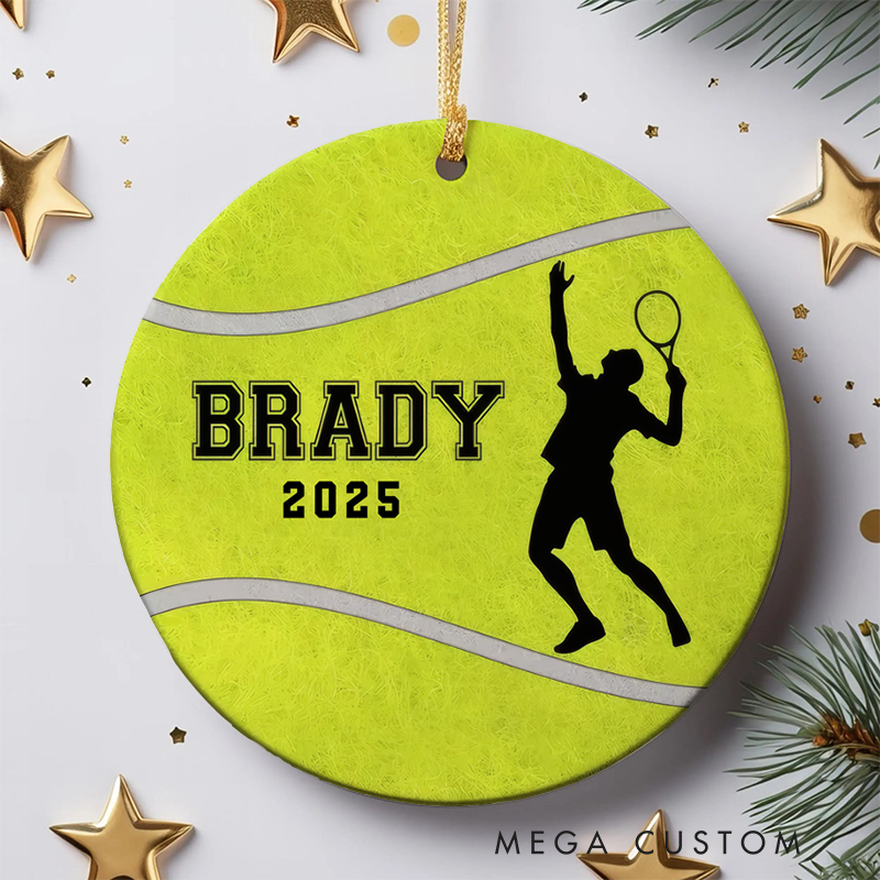 Personalized Christmas Tennis Ornament with Custom Name, Year, and Player Silhouette Design