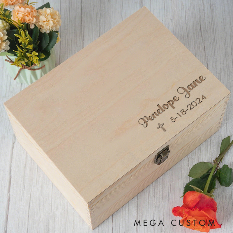 Personalized Simple Cross Wooden Keepsake Box with Name and Date Religious Gift Christian Gift