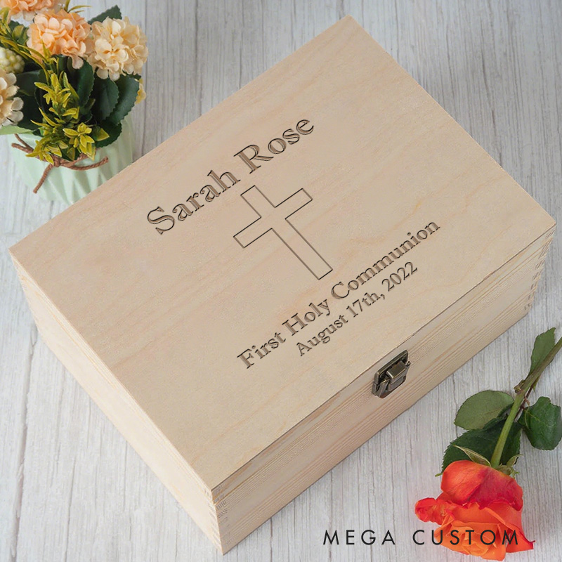 Personalized Cross Wooden Keepsake Box with Name and Date Religious Gift Faith Gift First Communion Gift