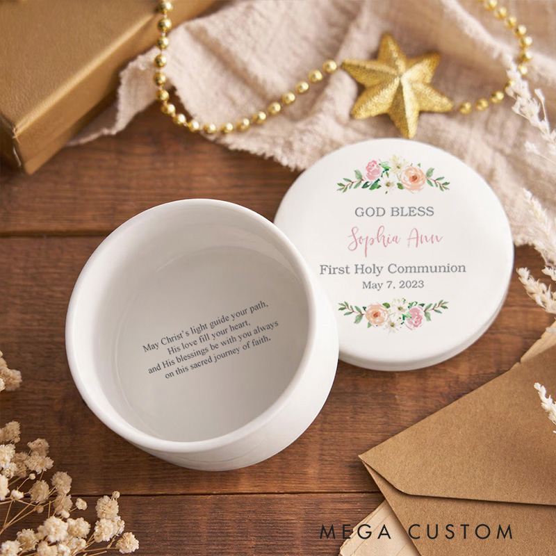 Personalized Floral God Bless Jewelry Box Keepsake Box with Name and Date Religious Gift First Communion for Her