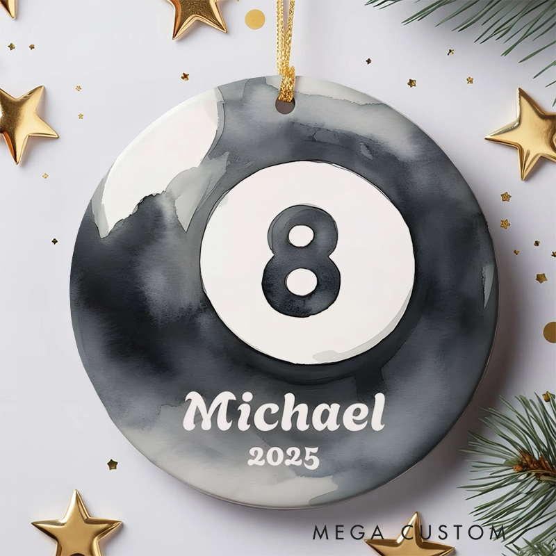 Personalized Billiards Christmas Ornament with 8-Ball Design, Custom Name, and Year