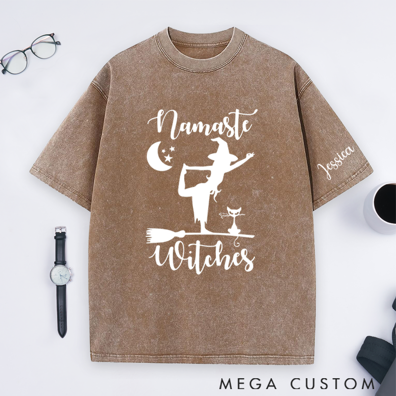 Personalized Namaste Witches Washed T-Shirt with Halloween Theme and Witch Yoga Design Perfect Gift for Yoga Lover and Halloween