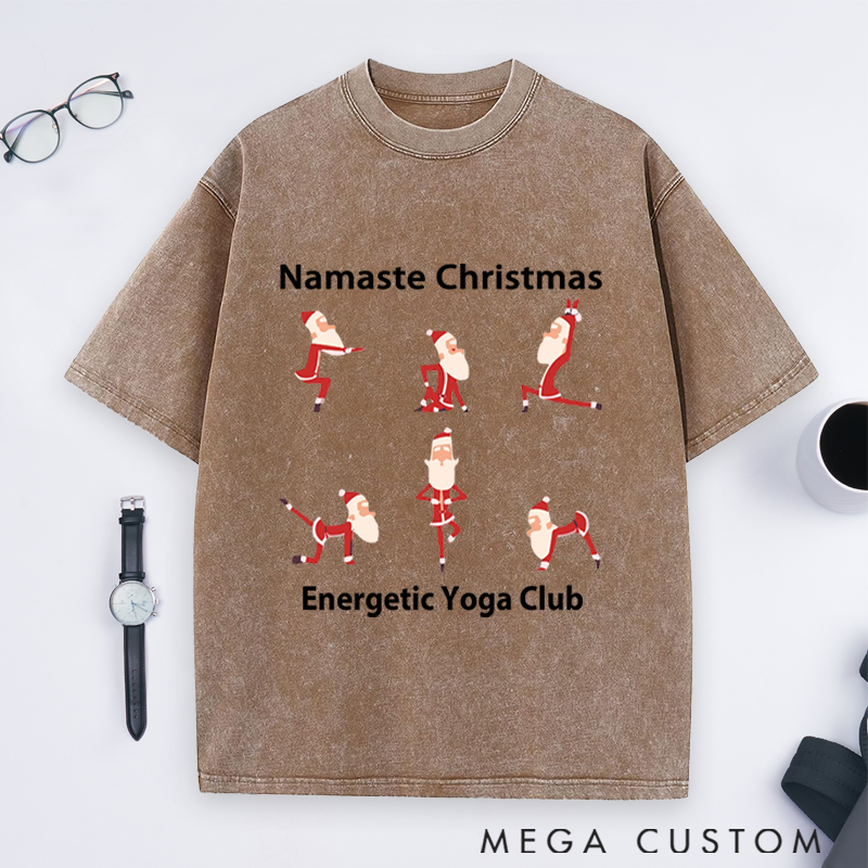 Personalized Yoga Santa Christmas Washed T-Shirt Family Holiday T-Shirt Perfect Gift for Yoga Lover and Christmas