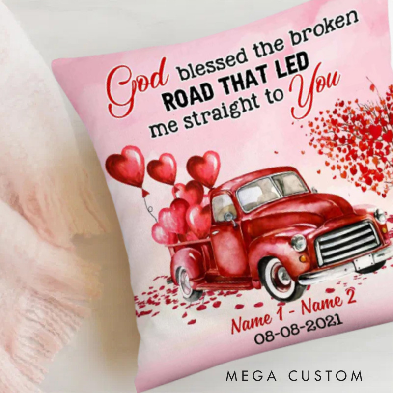 Personalized Vintage Red Truck God Bless Throw Pillow Cover with Name and Date Home Decor Religious Gift Valentine Gift for Couple