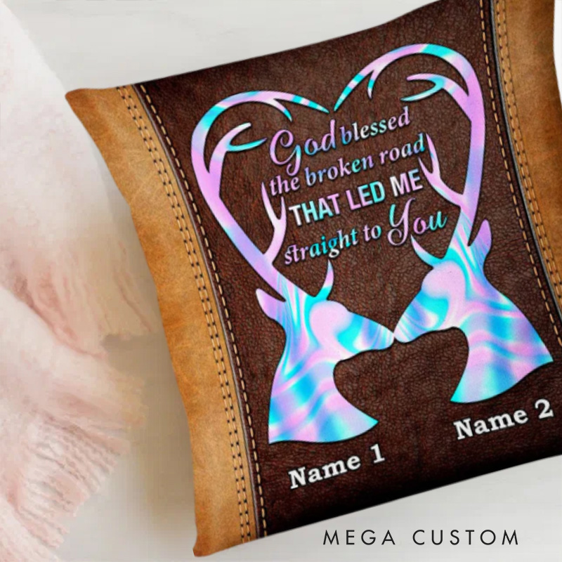Personalized God Blessed the Broken Road Deer Couple Hunting Throw Pillow Cover with Name Home Decor Religious Gift for Couple