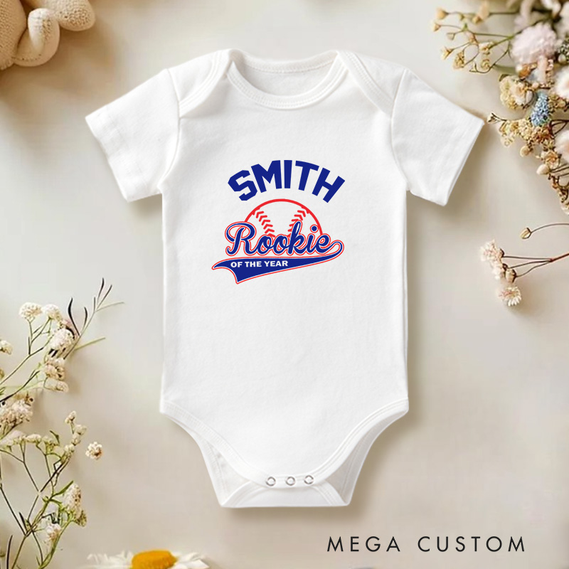 Personalized Rookie of the Year Fun Baseball Themed Design for Newcomers Baby Onesie