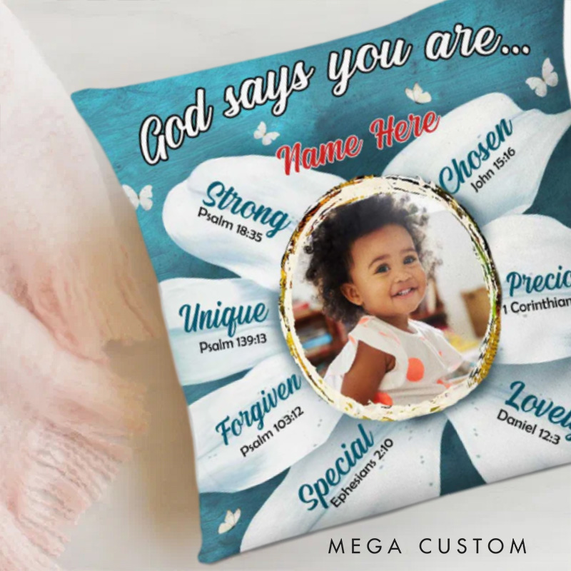 Personalized God Says You are Bible Verse Throw Pillow Cover with Name and Photo Home Decor Religious Gift for Kids