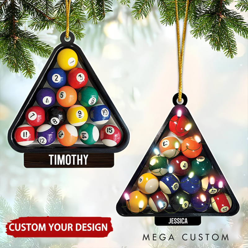 Personalized Billiards Christmas Ornament with Triangle Rack Design, Custom Name, and Optional Lights