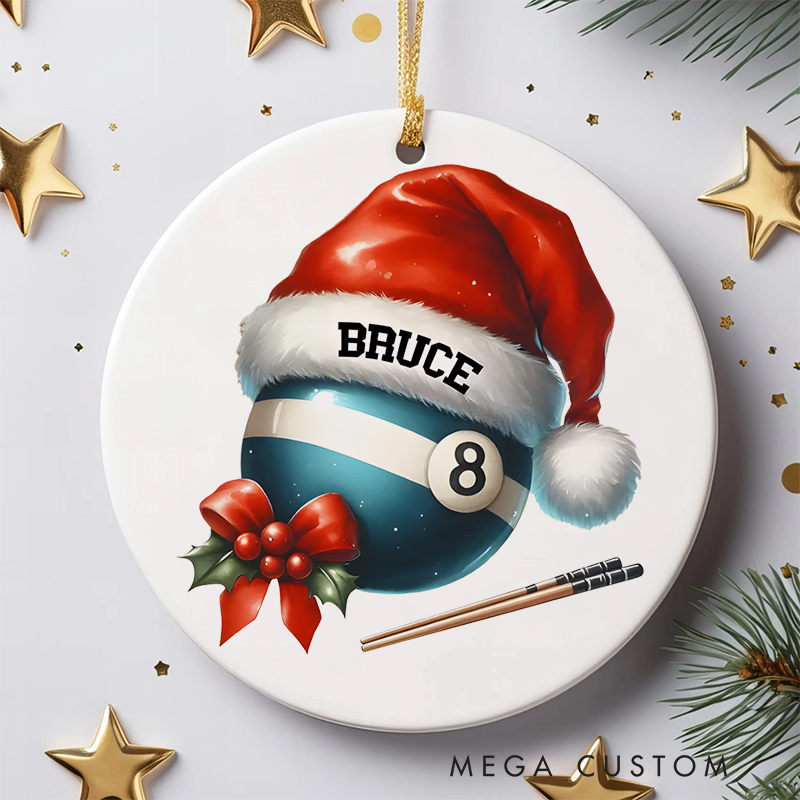 Personalized Billiards Christmas Ornament with Santa Hat, 8-Ball Design, Pool Cue, and Custom Name