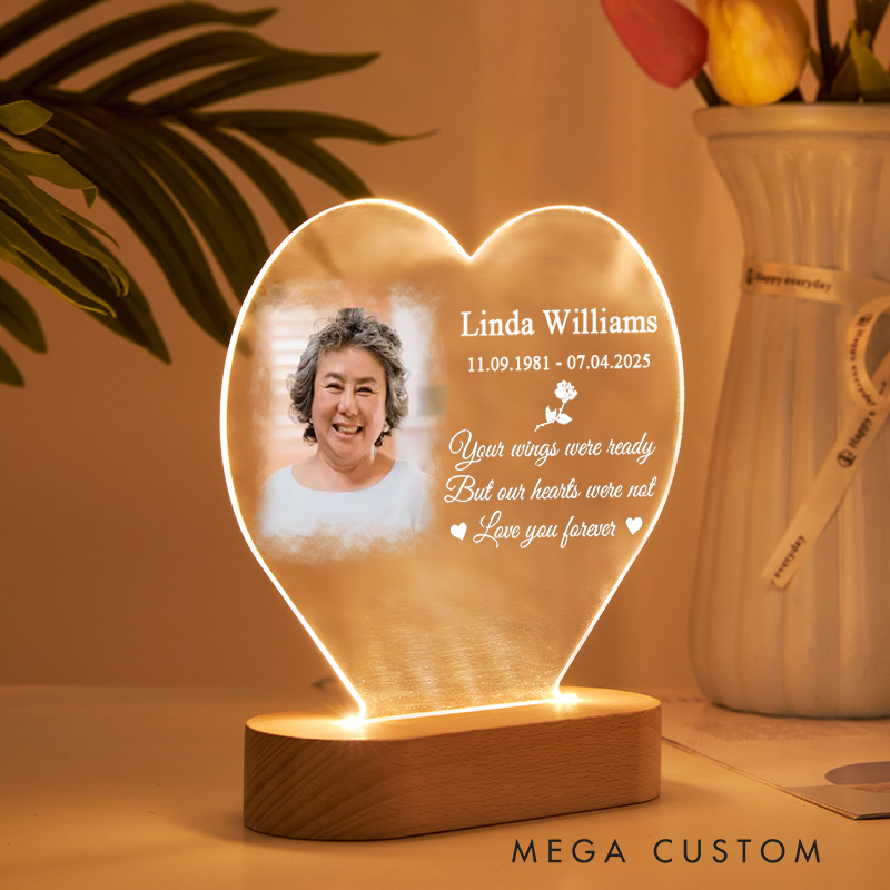 Personalized Heart Shaped LED Memorial Light Custom Photo Name Date Your Wings Were Ready Love You Forever Sympathy Gift