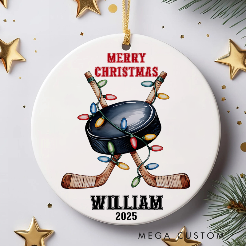 Personalized Hockey Christmas Ornament with Sticks, Puck, Lights, Custom Name, and Year "Merry Christmas" Design