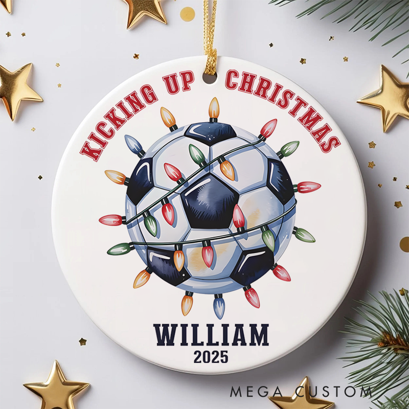 Personalized Soccer Christmas Ornament with Lights, Custom Name, and Year "Kicking Up Christmas" Design