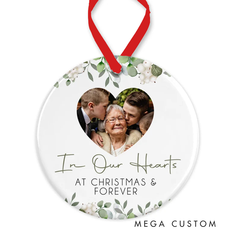 Personalized Memorial Christmas Ornament Christmas Bauble Memorial Photo Ceramic Bauble Floral In Our Hearts