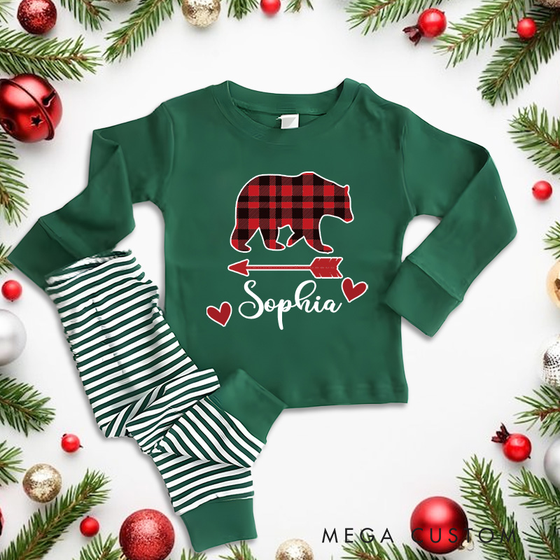 Personalized Bear Plaid Heart Arrow Love Kids Christmas Pajamas