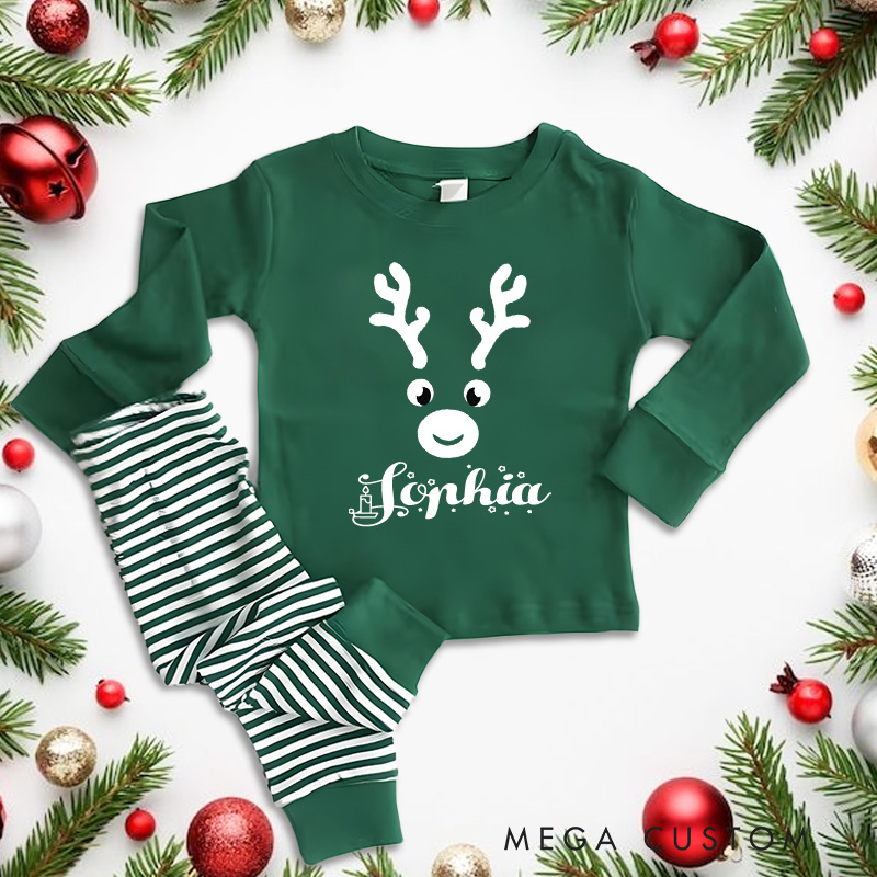 Personalized Reindeer Antlers Red Nose Festive Holiday Spirit Christmas Pajamas 