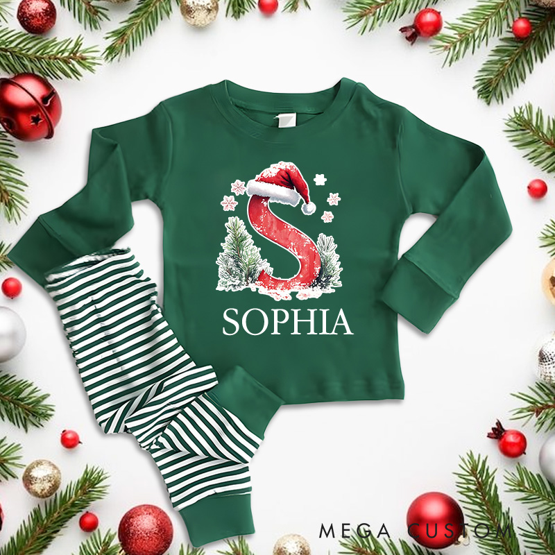 Personalized Initial Santa Hat Christmas Tree Holiday Cheer Christmas Pajamas 