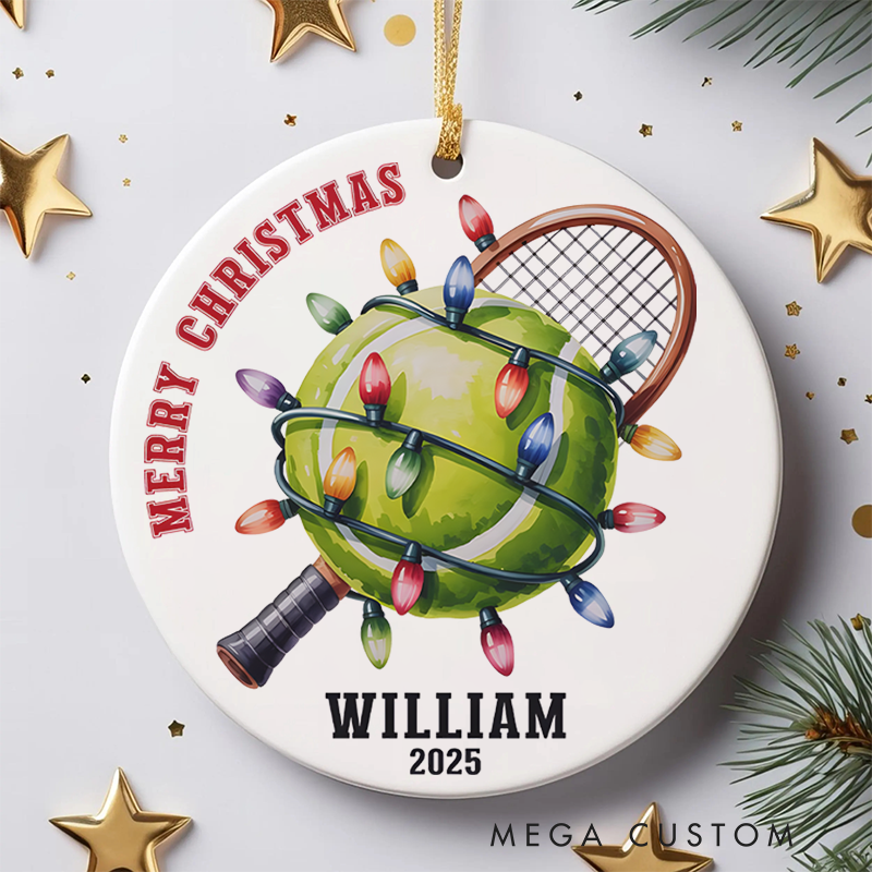 Personalized Tennis Christmas Ornament with Lights, Custom Name, and Year "Merry Christmas" Design