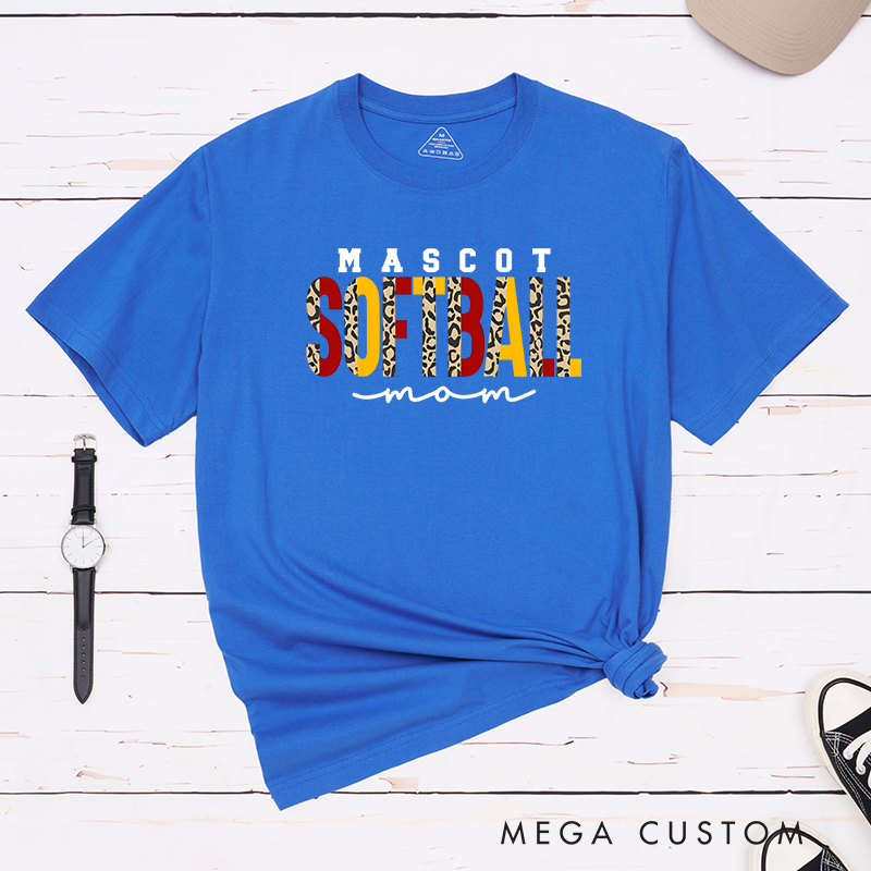 Personalized Softball Mom T-Shirt Design Featuring Custom Team Name Leopard Print Bold Typography and Stylish Script Accent