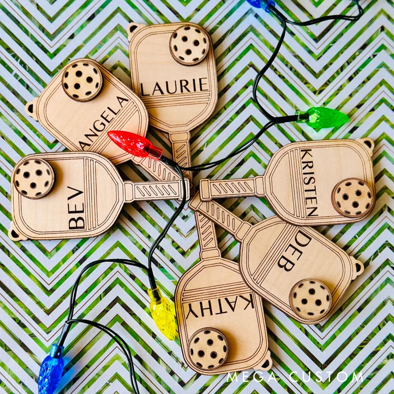 Personalized Pickleball Paddle Christmas Ornaments with Custom Names Engraved Wood Design