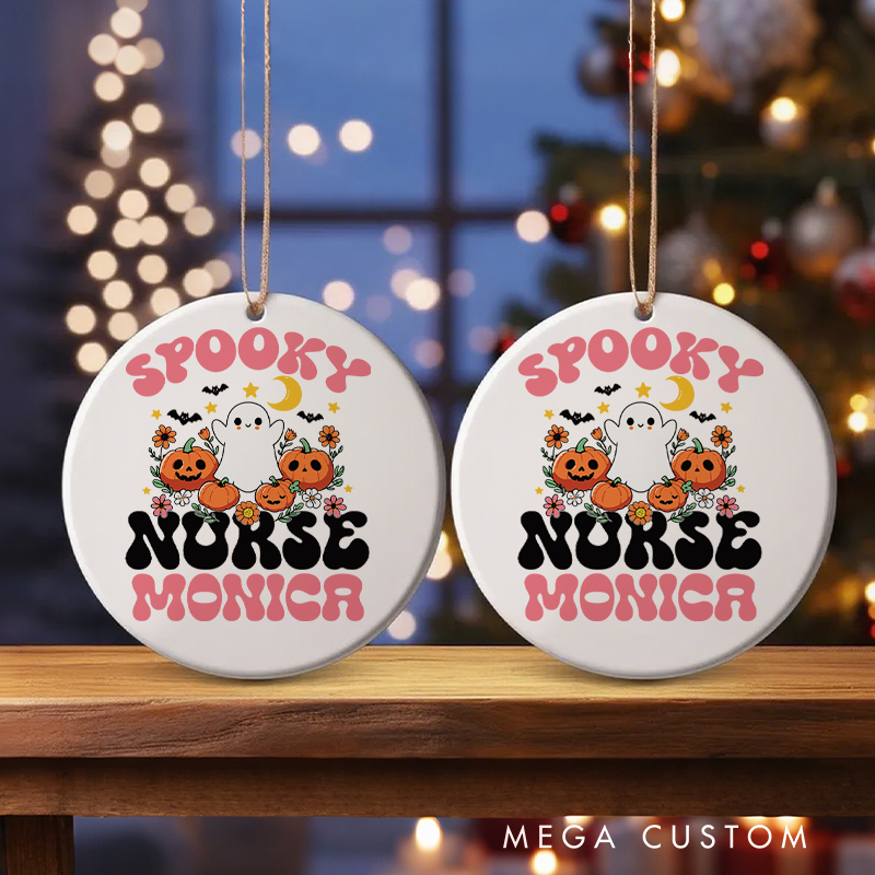 Personalized Nurse Halloween Ornament Spooky Nurse Ghost and Pumpkins Design Ornament 
