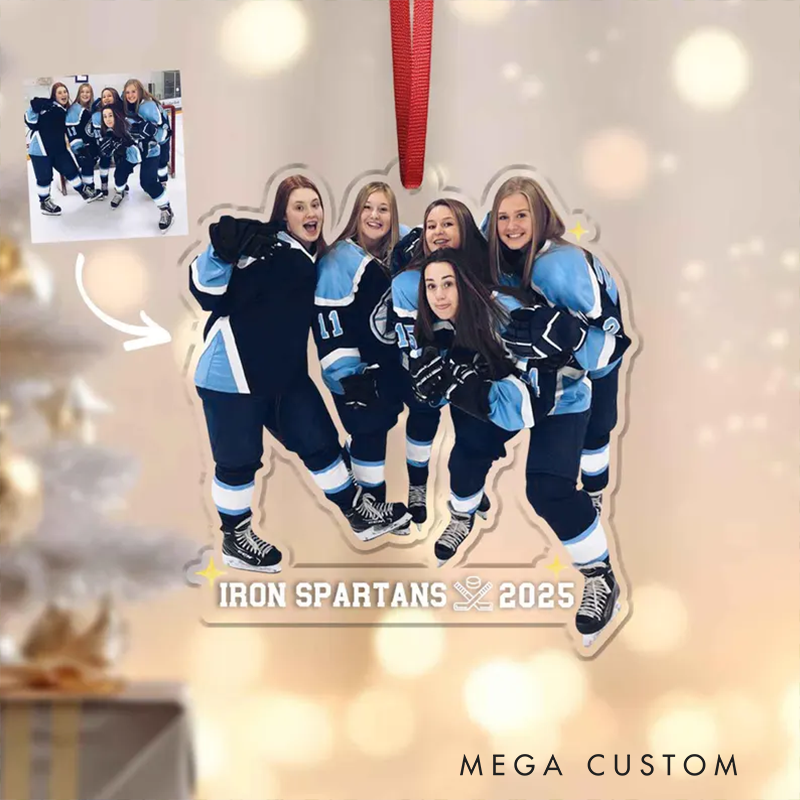 Personalized Hockey Team Photo Acrylic Christmas Ornament with Custom Team Name and Year