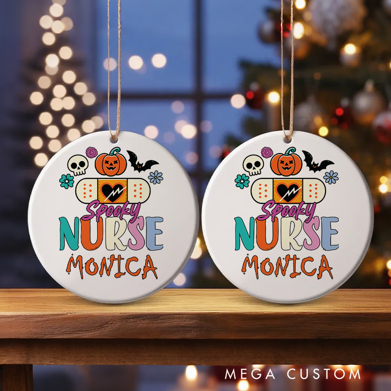 Personalized Nurse Halloween Ornament Spooky Nurse Bandage and Pumpkin Design Ornament 