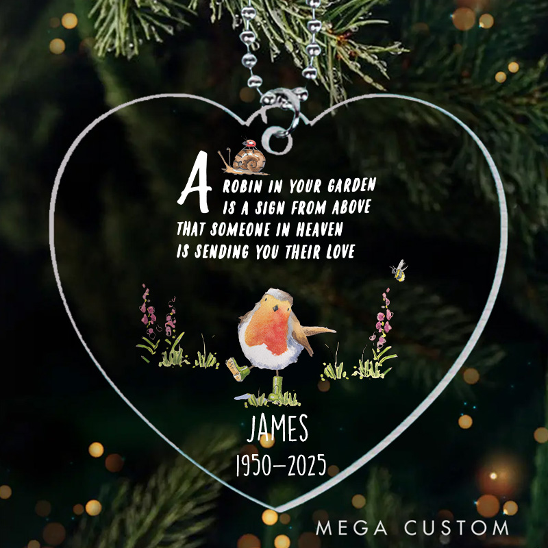 Personalized Memorial Ornament Acrylic Heart Ornament Robin in Your Garden Memorial Keepsake Sympathy Gift 
