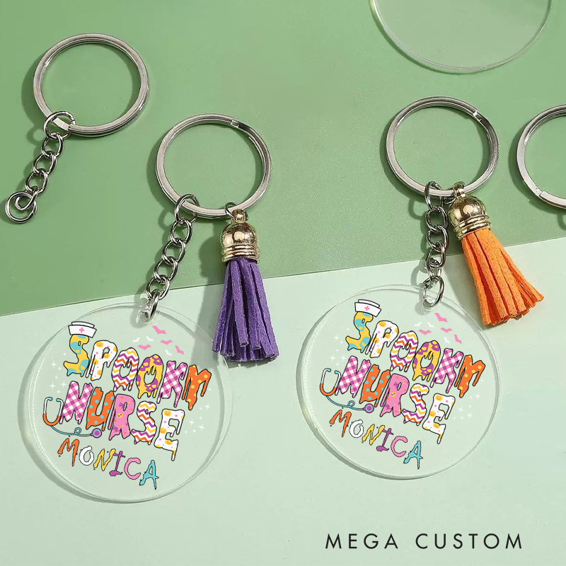 Personalized Acrylic Tassel Keychain for Nurse Customized Spooky Nurse Halloween Drip Design Keychain Nurse Halloween Gift