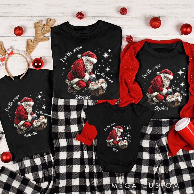 Personalized I am the Season I am the Reason Santa Claus and baby Jesus Family Matching Christmas T-Shirt with Name Christian Christmas Gift