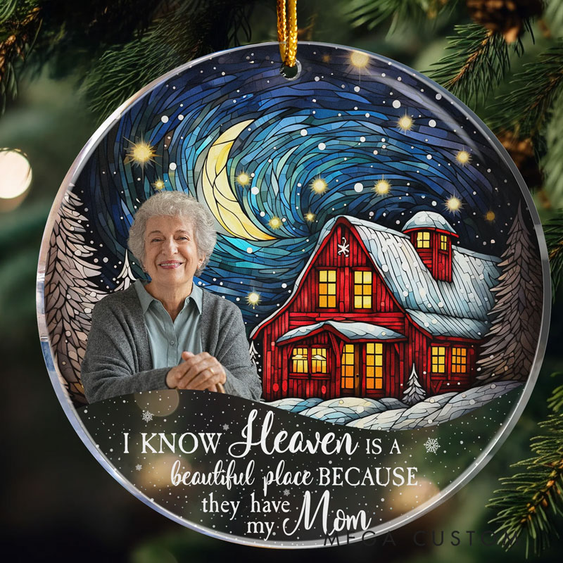 Personalized Photo Memorial Ornament Red Barn Christmas Night Heaven Memorial Keepsake Custom Acrylic Photo Ornament