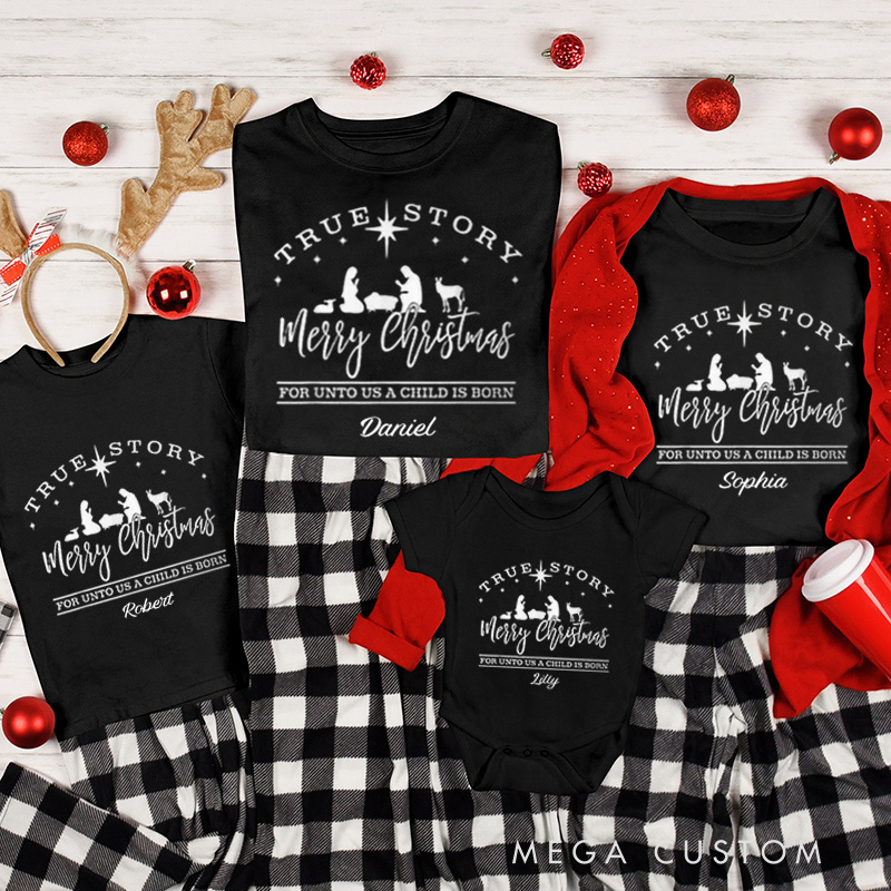 Personalized Jesus Nativity Scene Family Matching Cotton T-Shirts with Name Religious Gift Christmas Gift for Family