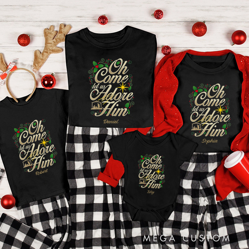 Personalized oh Come Let us Adore him Nativity Family Matching Cotton T-Shirts with Name Religious Gift Christmas Gift for Family