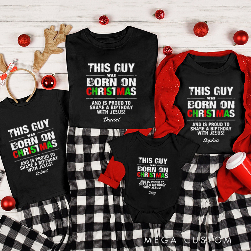 Personalized Born on Christmas Family Matching Cotton T-Shirts with Name Religious Gift Christmas Gift for Family