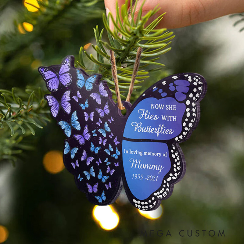 Personalized Memorial Ornament Now She Flies With Butterflies Custom Butterfly Acrylic Ornament