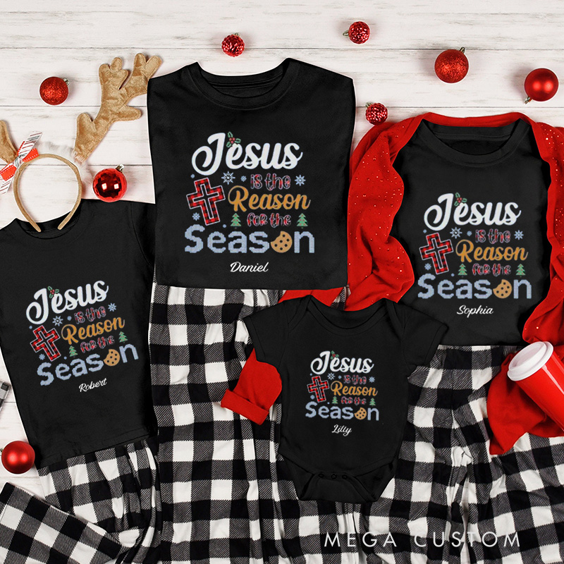 Personalized Cross Jesus is the Reason for the Season Family Matching Cotton T-Shirts with Name Religious Gift Christmas Gift
