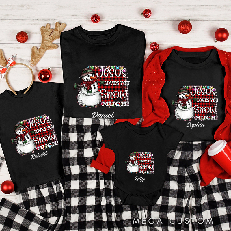 Personalized Jesus Loves You Snow Much Christmas Family Matching Crew Neck T-Shirts with Name Religious Gift for Family