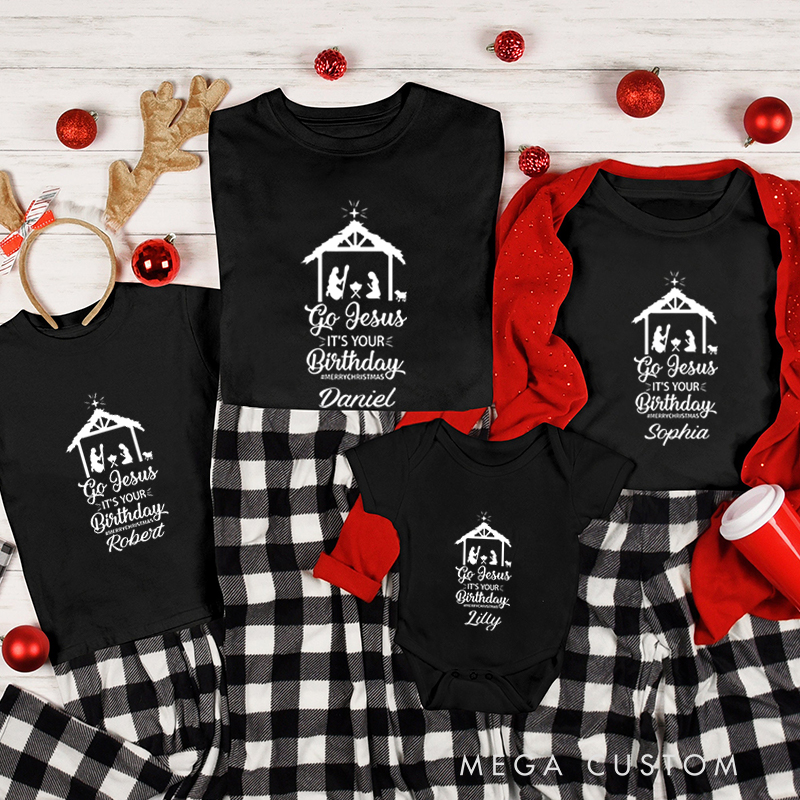 Personalized Go Jesus It's Your Birthday Nativity Christmas Family Matching Crew Neck T-Shirts with Name Religious Gift for Family