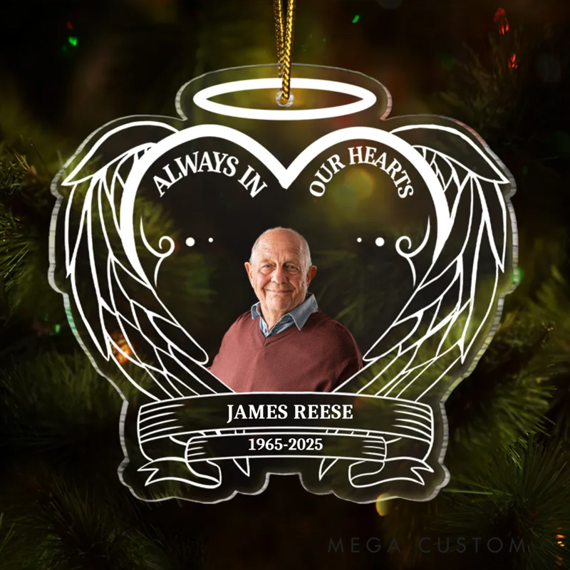 Personalized Memorial Photo Ornament Always In Our Hearts Christmas Memorial Gift Custom Shaped Acrylic Ornament