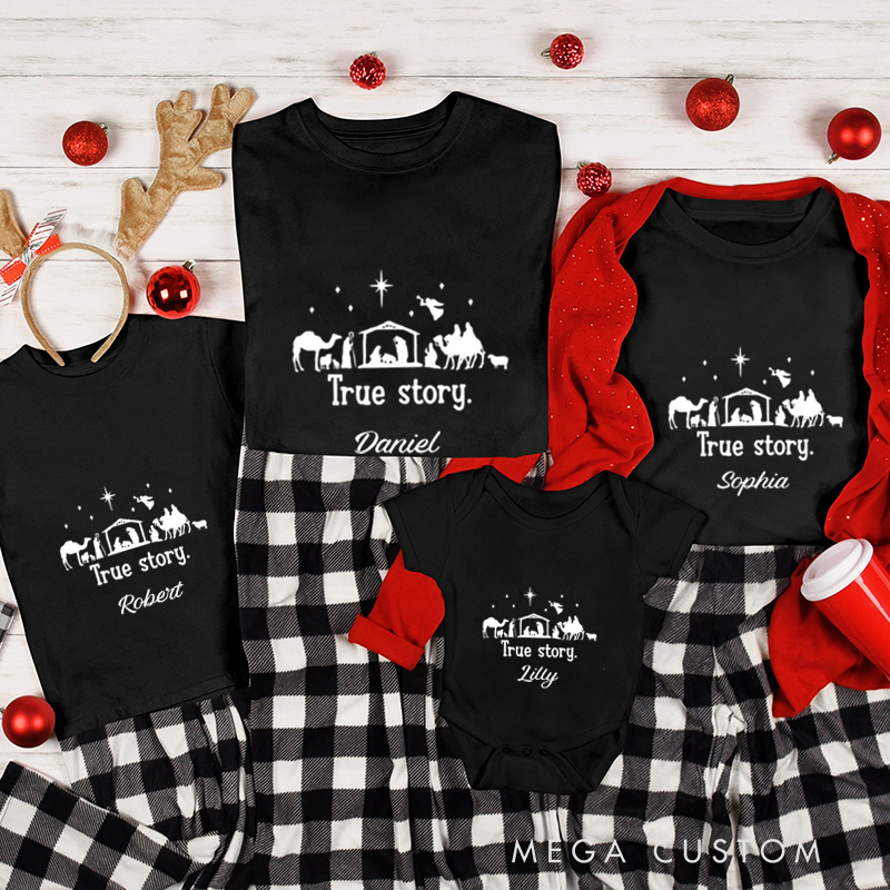 Personalized True Story Nativity Christmas Family Matching Crew Neck T-Shirts with Name Christmas Gift Religious Gift for Christians 