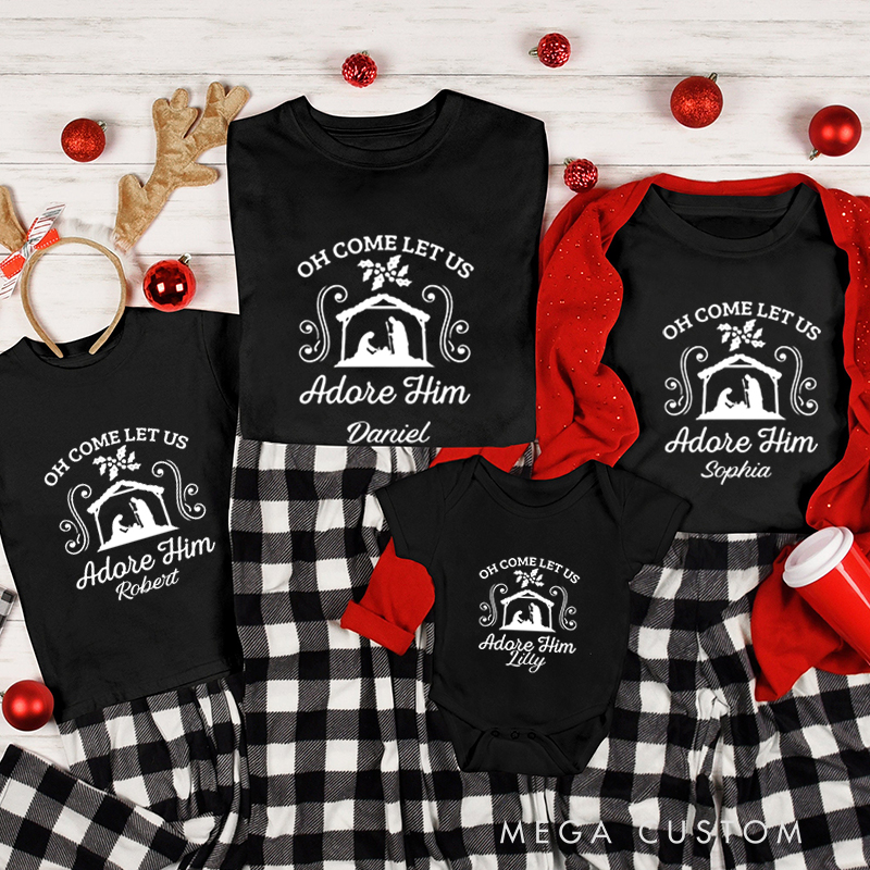 Personalized Jesus Let Us Adore Him Sing Christmas Family Matching Crew Neck T-Shirts with Name Christmas Gift Religious Gift for Christians 