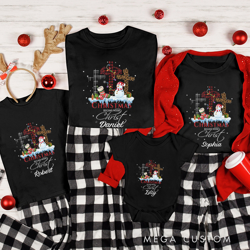 Personalized Christmas Begins With Christ Snowman Love Jesus Christmas Family Matching Crew Neck T-Shirts with Name Christmas Gift Religious Gift