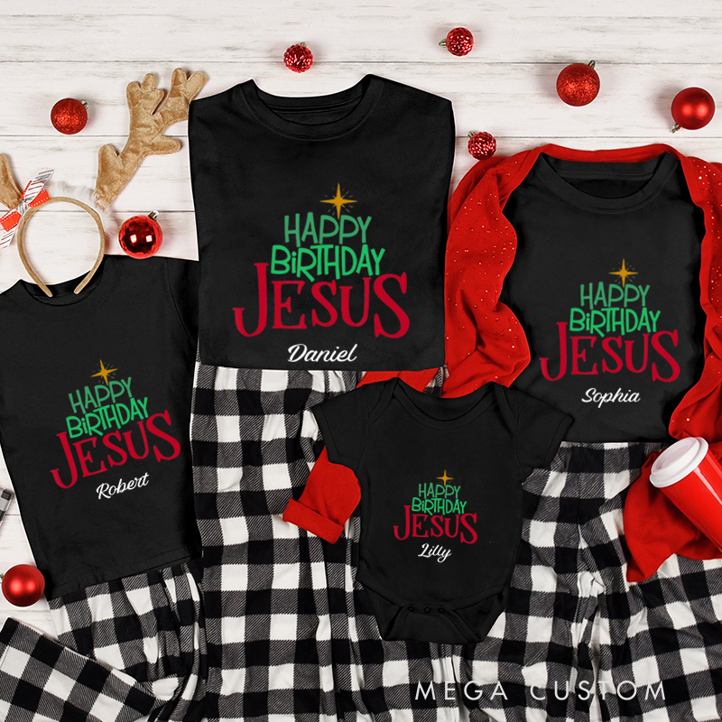 Personalized Happy Birthday Jesus Christmas Family Matching Crew Neck T-Shirts with Name Christmas Gift Religious Gift for Christians 