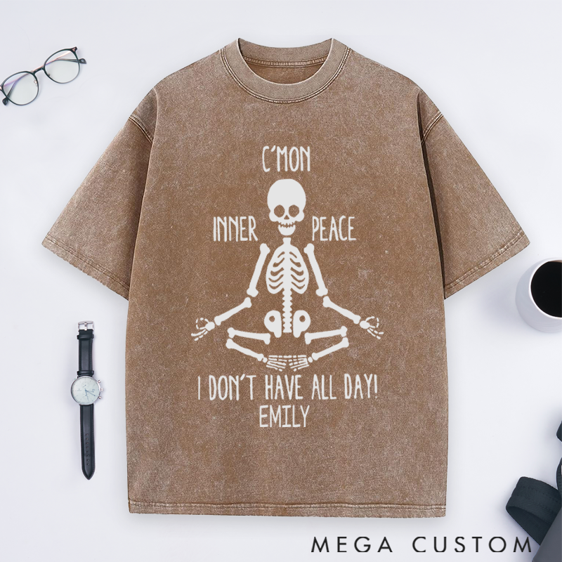 Personalized Skeleton Meditation Washed T-Shirt with Funny Inner Peace Design Perfect Gift for Yoga Lover and Daily Wear