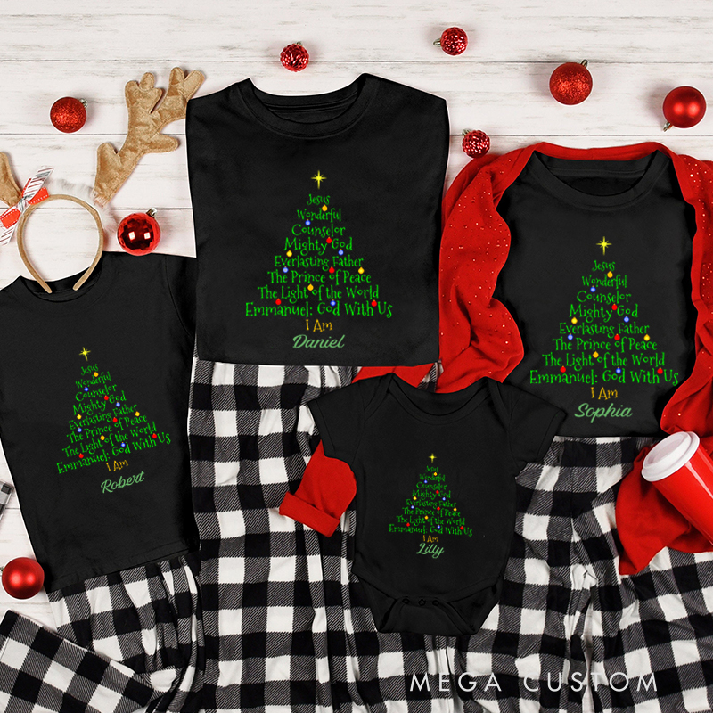 Personalized Bible Names of Jesus Tree Shap Christmas Family Matching Crew Neck T-Shirts with Name Christmas Gift Religious Gift